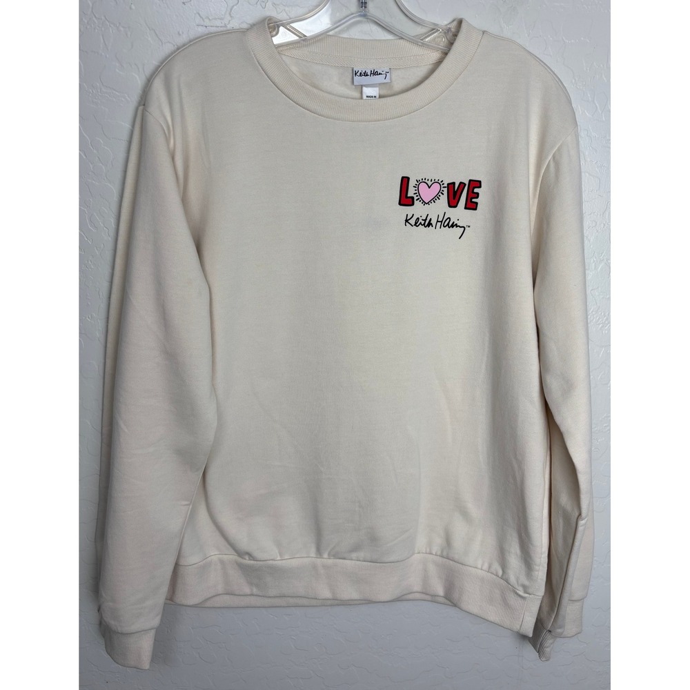 Keith Haring Love Heart Graphic Sweatshirt Tan Cream Crewneck Pullover L 2379